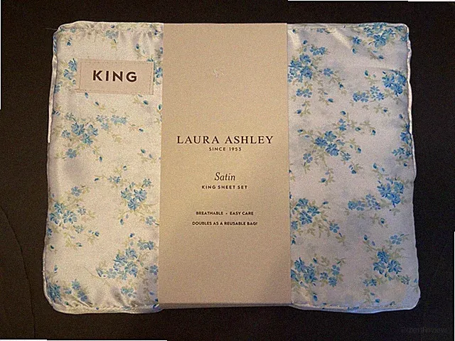 4 Pc Laura Ashley Satin King Sheet Set Paris Fleur Blue, New