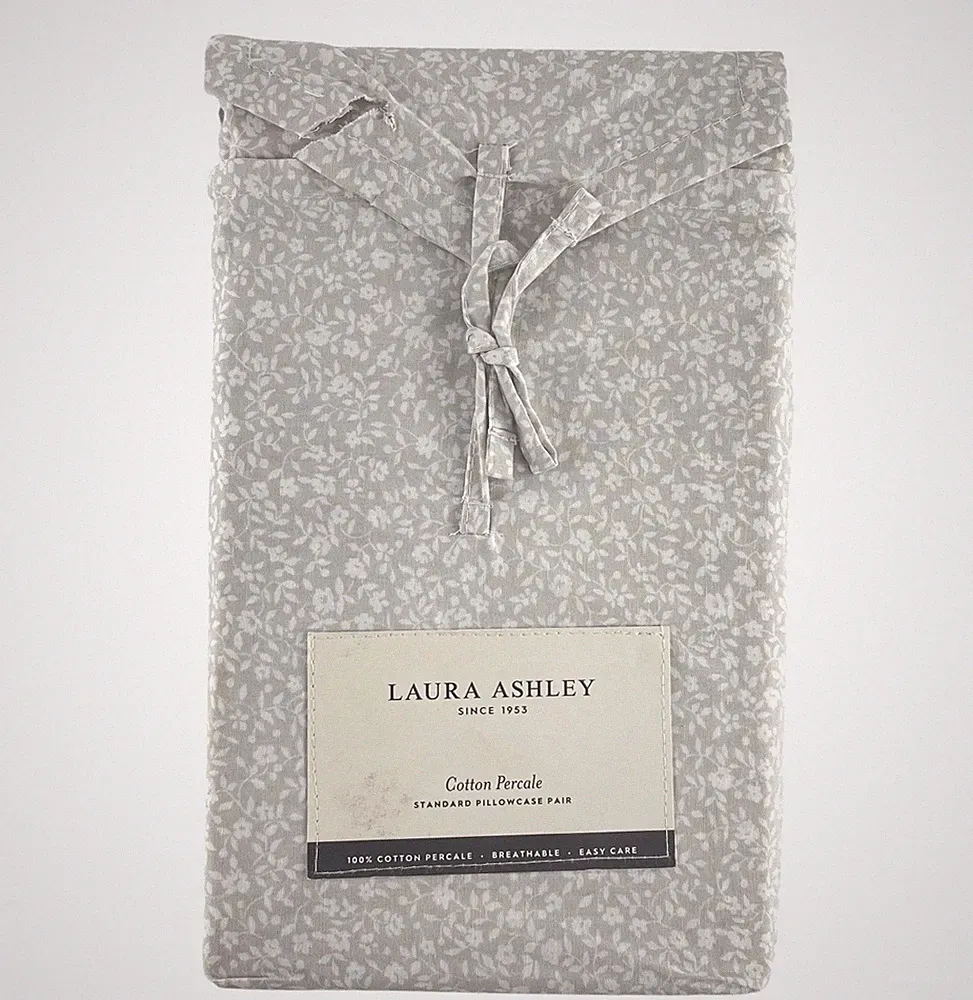 Laura Ashley 2 Standard Pillowcases Chelsie Vine Gray Floral 100% Cotton Percale