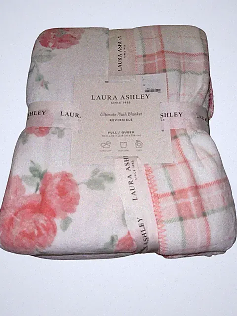 Laura Ashley 90x90 Queen Full Blanket Reversible Pink Floral Albertine Plaid NEW