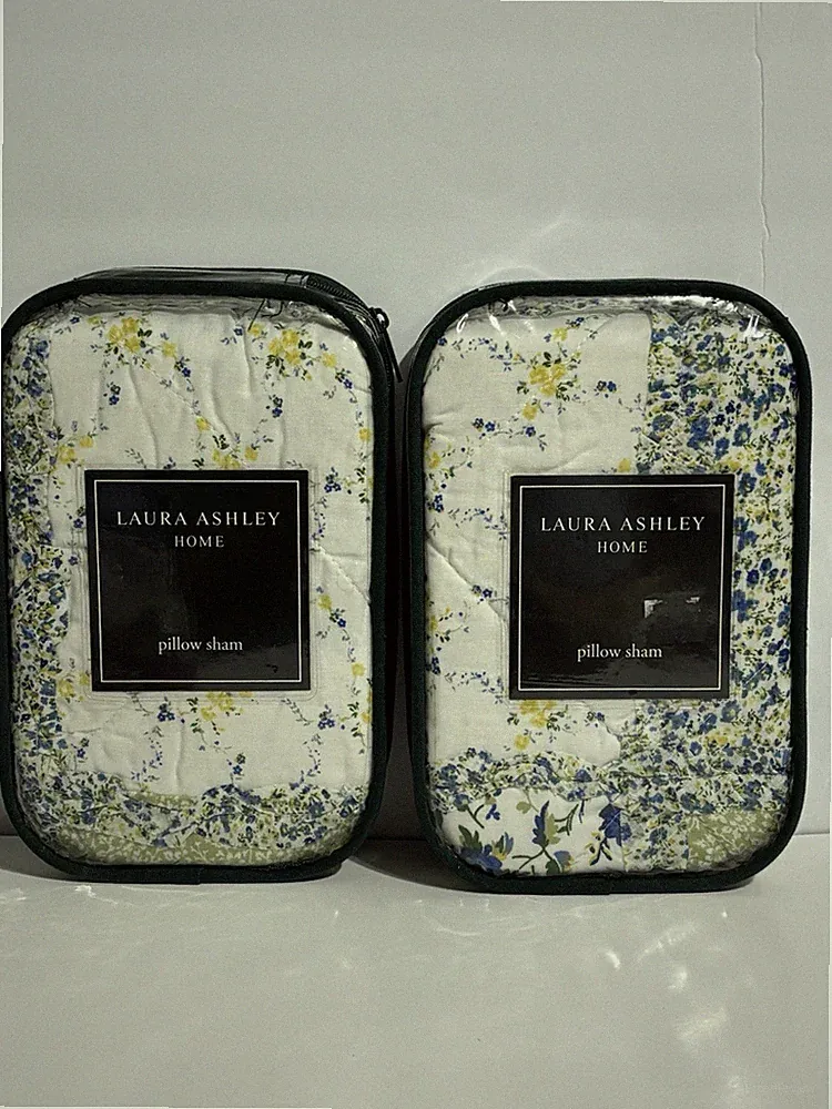 Laura Ashley Ashelyn Standard Pillow Shams Blue Green White Floral Cotton Set/2