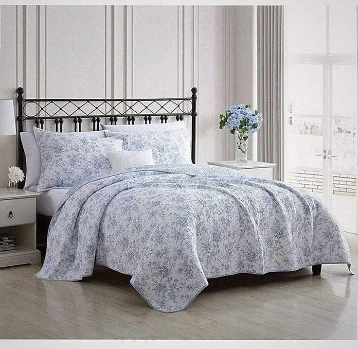 Laura Ashley Bedding Blue Floral WALLED GARDEN Full Queen Cotton Quilt Set New