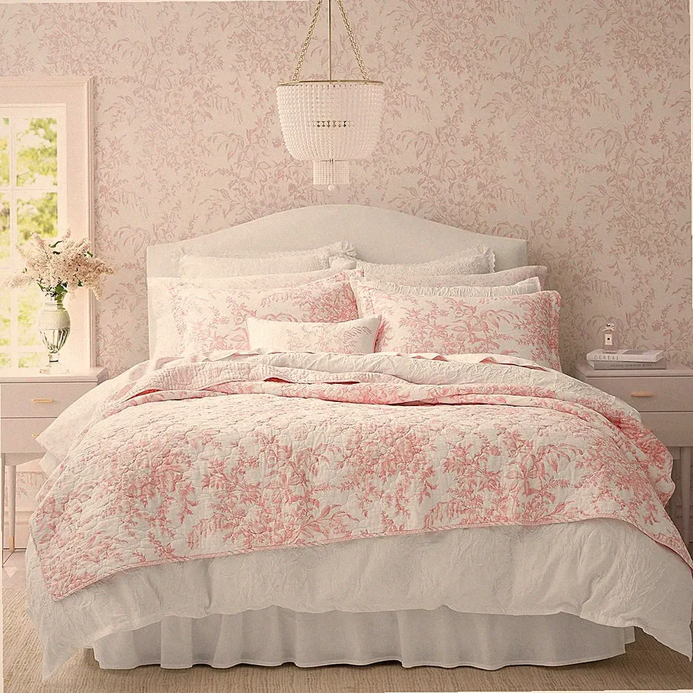 Laura Ashley Bedford Pink King Quilt Set, Reversible Cotton Floral Bedding