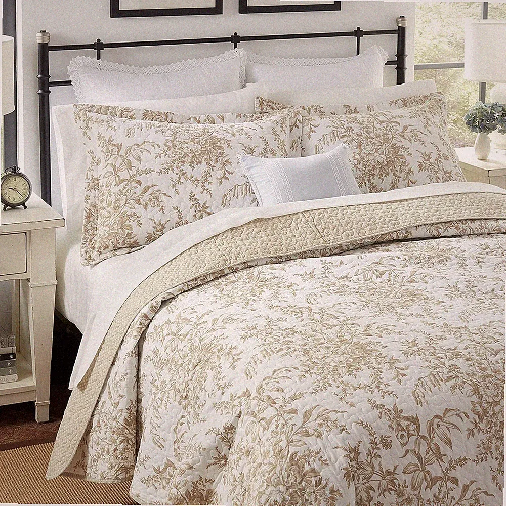 Laura Ashley Bedford Quilt Set 3PC 100% Cotton Reversible Natural Breathable