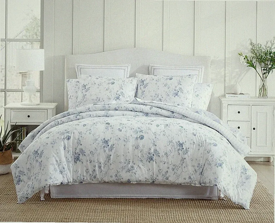 Laura Ashley Belinda Blue Floral TWIN XL Cotton 2pc Comforter SET