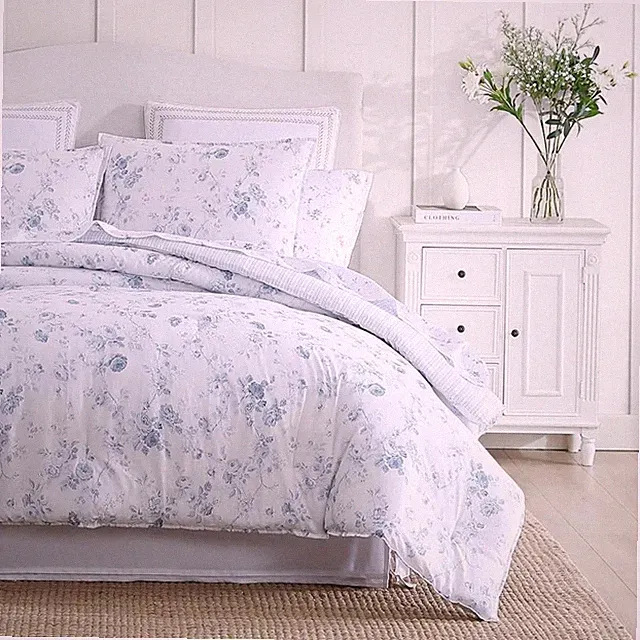 Laura Ashley Belinda Chambray Blue Queen Comforter Set - Soft Cotton Bedding