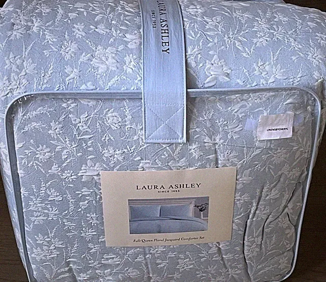 Laura Ashley Blue Floral Cotton Jacquard Full/ Queen Comforter SET