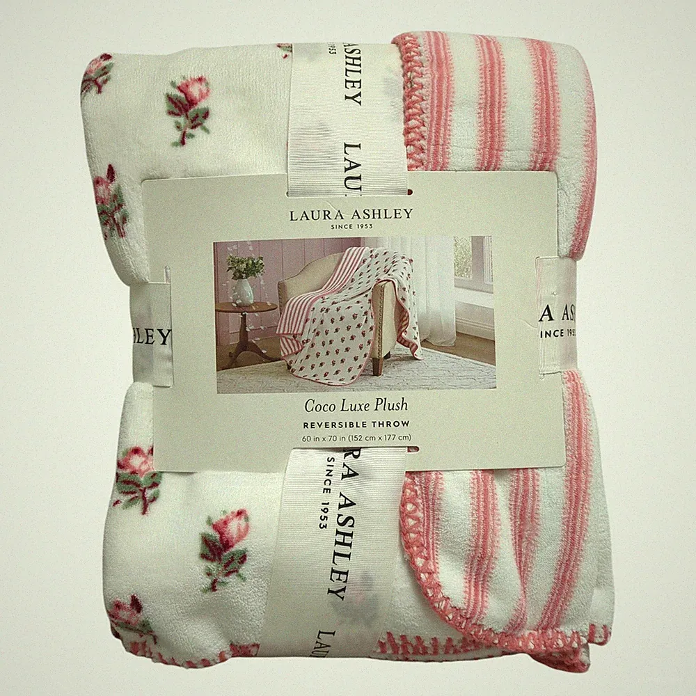 Laura Ashley Coco Luxe Plush Reversible Throw Blanket, 60in x 70in, Pink