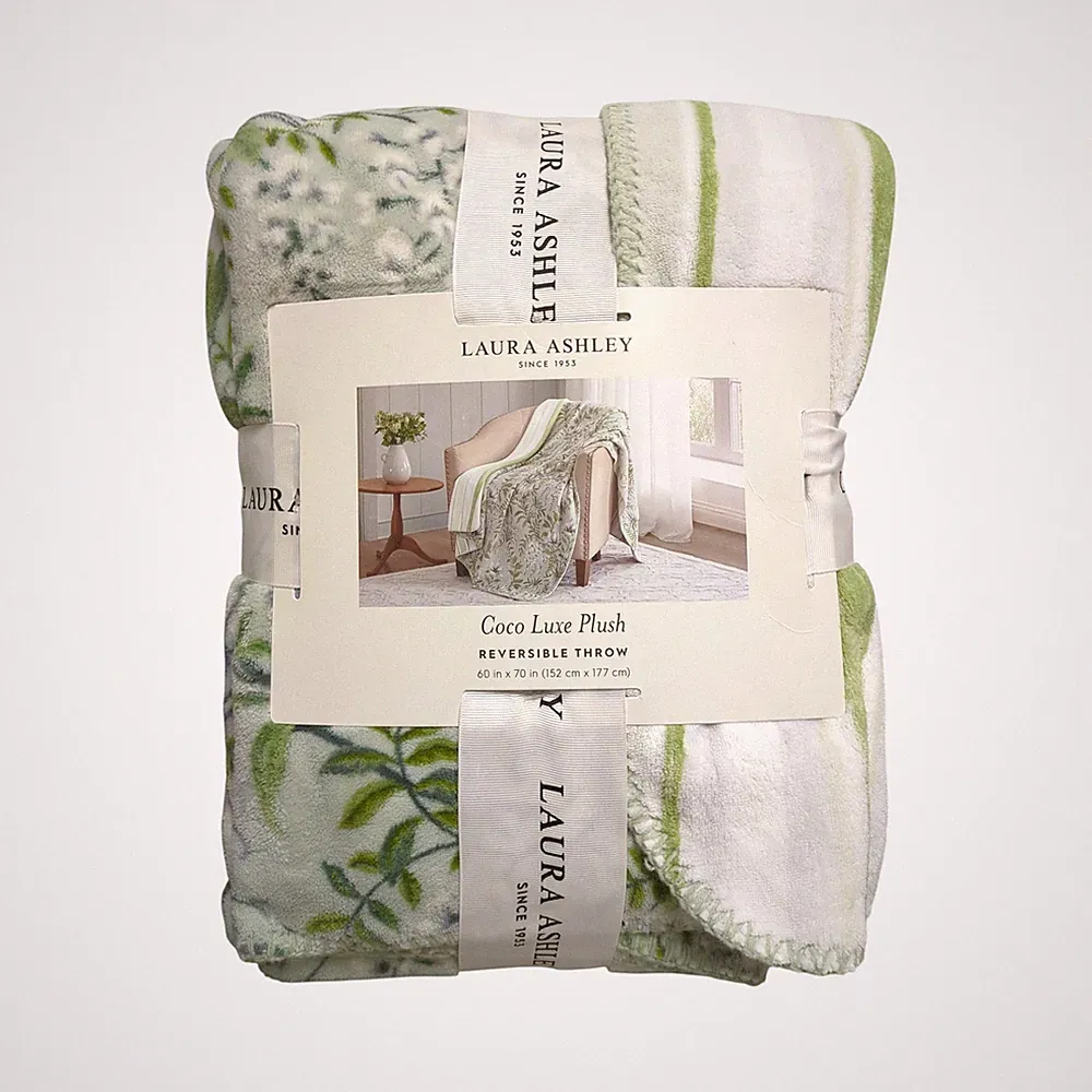 Laura Ashley Coco Luxe Plush Reversible Throw Blanket, 60in x 70in, Sage