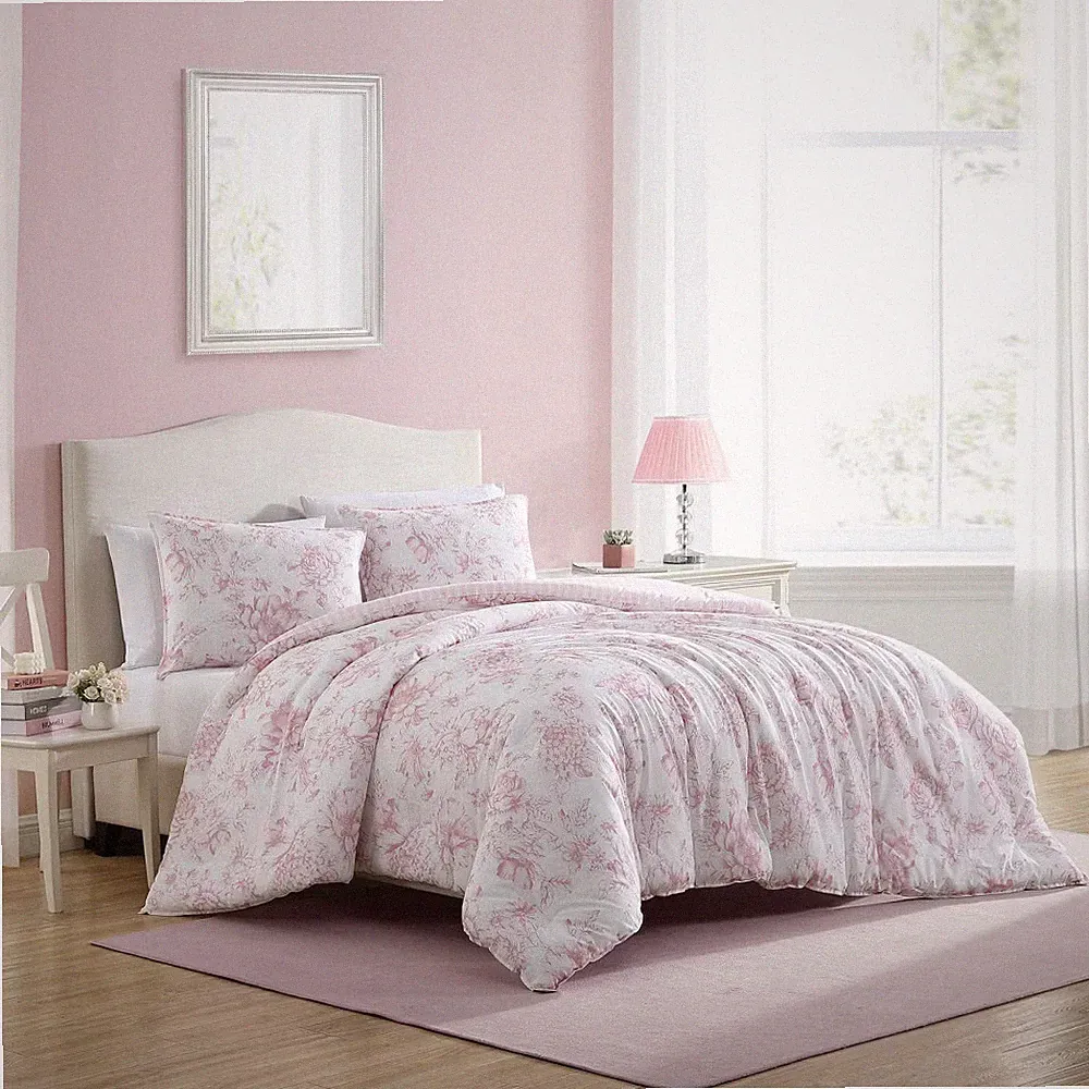 Laura Ashley Comforter Set Cotton Floral Stripe Cruelty-Free, Pink, Full/Queen