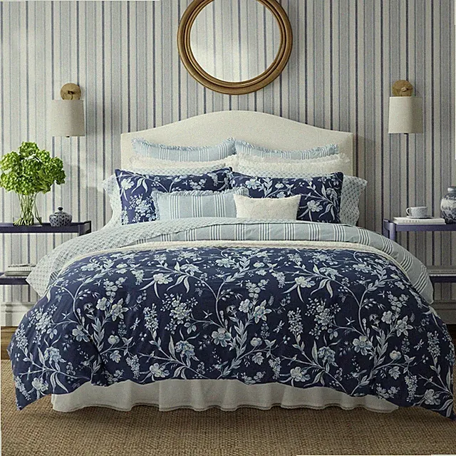 Laura Ashley Comforter Set Full/Queen Machine-Wash Soft Cotton Blue (7-Piece)