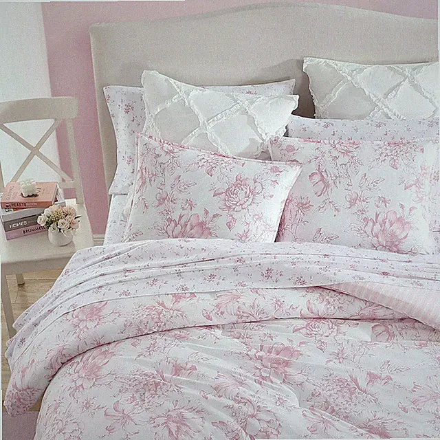 LAURA ASHLEY Delphine Mauve Pink Floral TWIN XL Cotton Comforter Set 2pc
