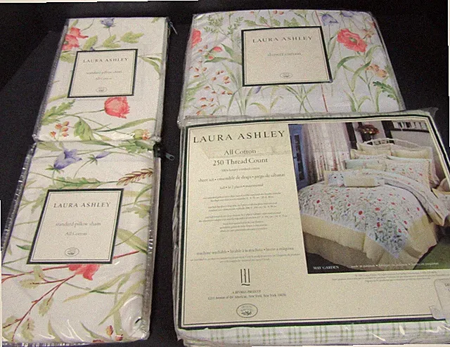 Laura Ashley Floral Bedding Set Full Sheets + Shower Curtain + Extra Pillowcases