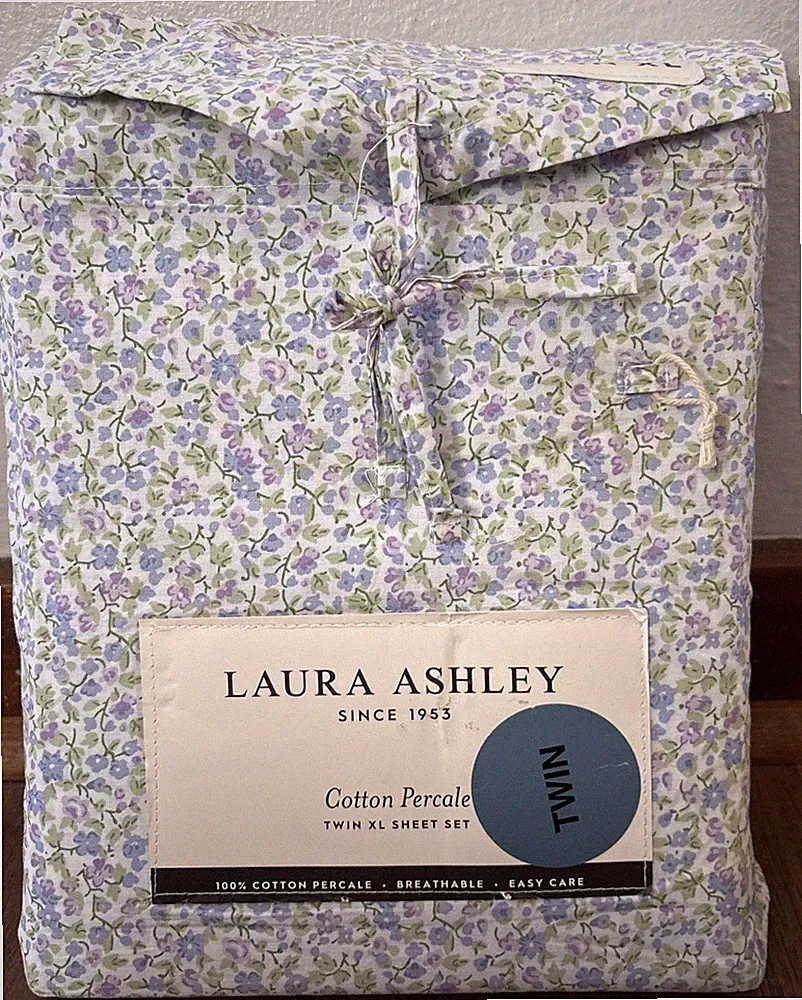 Laura Ashley Floral Cotton Percale Twin XL Sheet SET purple lavender green NEW