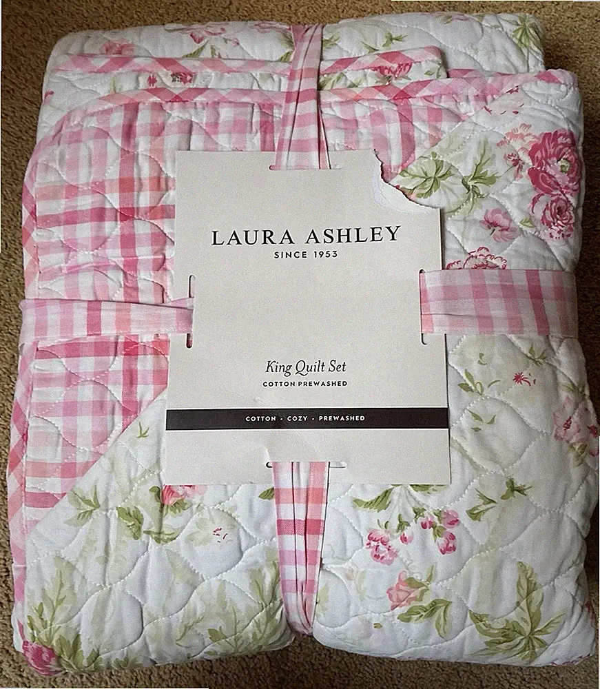 LAURA ASHLEY FLORAL TOILE 3pc KING QUILT Farmhouse Pink Gingham Shabby Chic