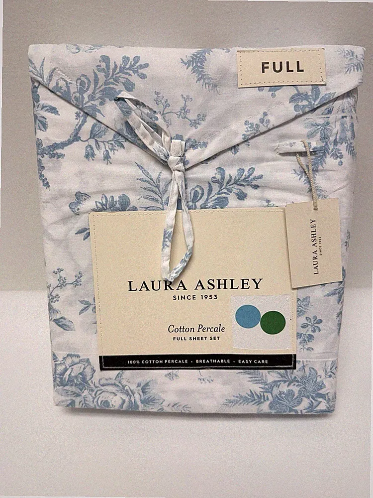 Laura Ashley Full Blue White Floral Cotton Percale Sheet Set 4pc