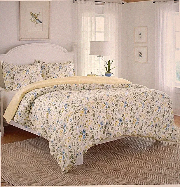 Laura Ashley - Full/Queen Duvet Cover 3 Piece Set- Meadow Floral Blue Cotton New