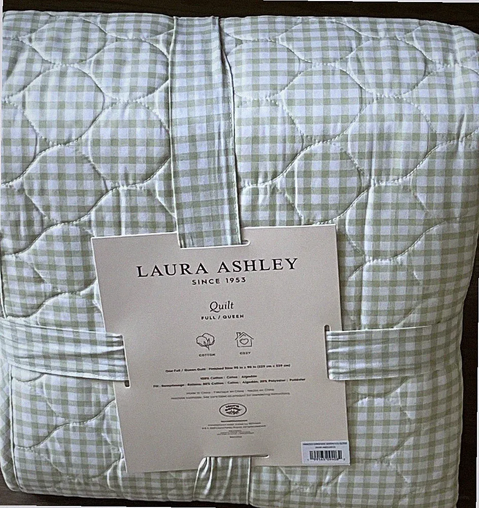 Laura Ashley Gracies Gingham Check Sage Green 100% Cotton Full/Queen Quilt