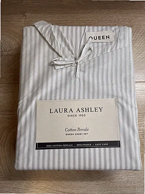 Laura Ashley Green Striped Cotton Easy Care Percale Queen Bedding Sheet Set NWT