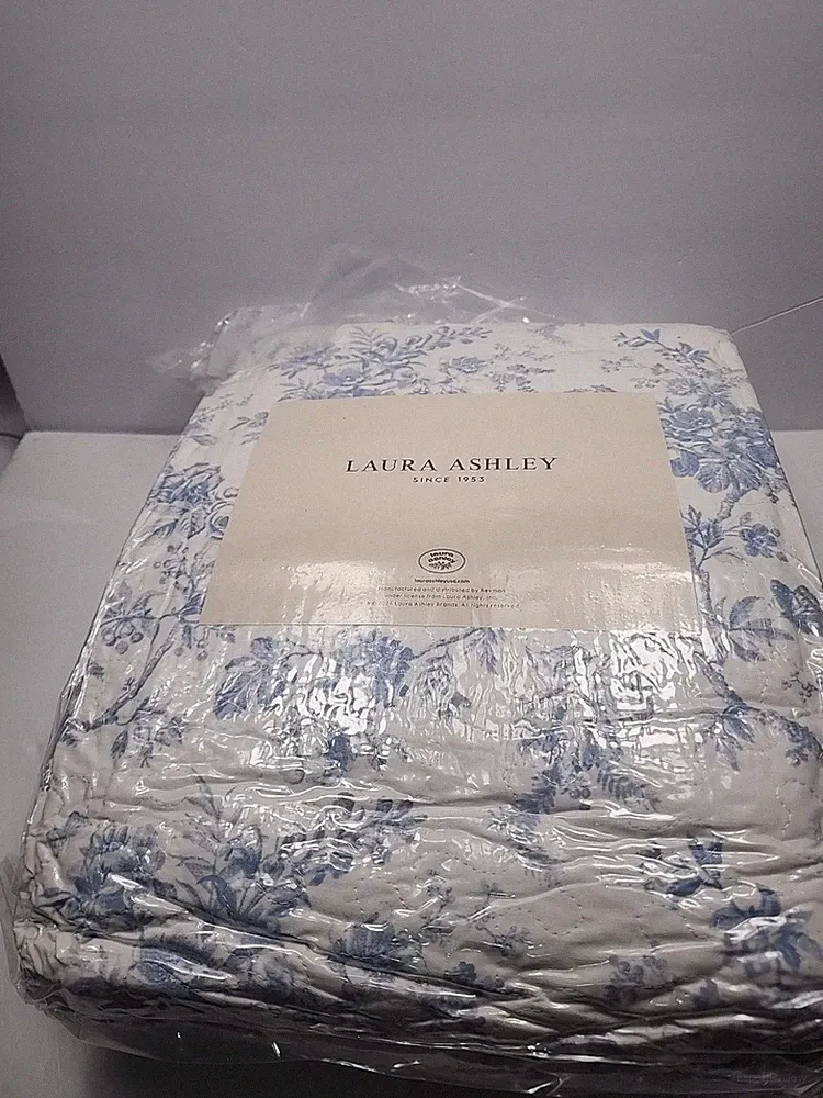 Laura Ashley King Bedding Set Walled Garden Blue Elegant Quilt & Shams 80 Cotton