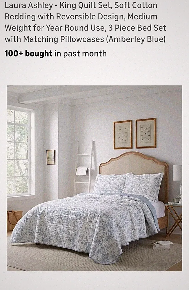 Laura Ashley ~ KING ~ Blue Amberley Floral Quilt ~ 3Pc 100% Cotton