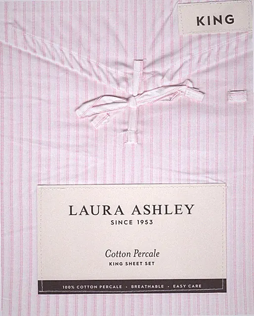 Laura Ashley King Sheet Set Jaynie Ticking Stripe Pink 4pc Cottage Farmhouse