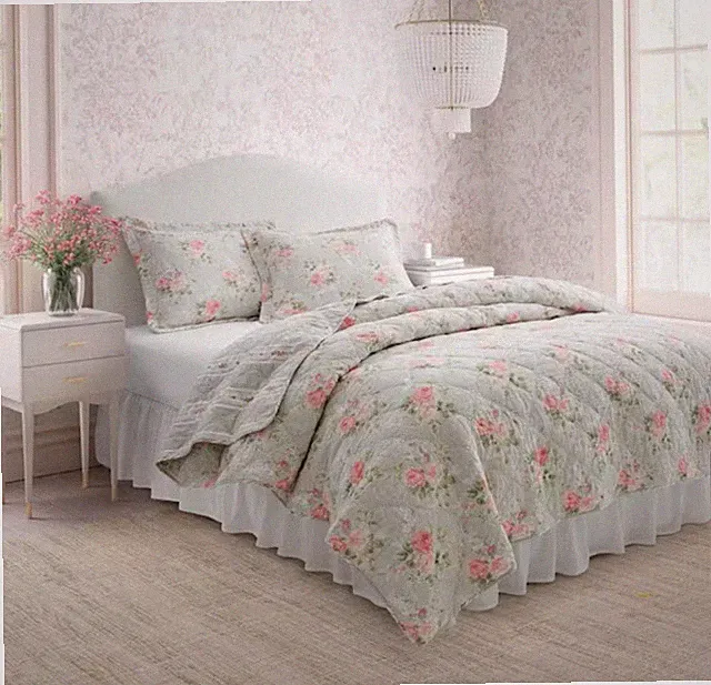 Laura Ashley Melany Pink/Gry TW Quilt/Sham Set VP WEB BASIC