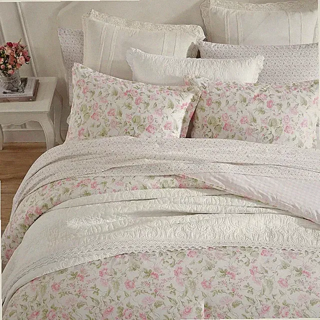 LAURA ASHLEY Morning Glory Pink & Green Floral TWIN Cotton Comforter Set