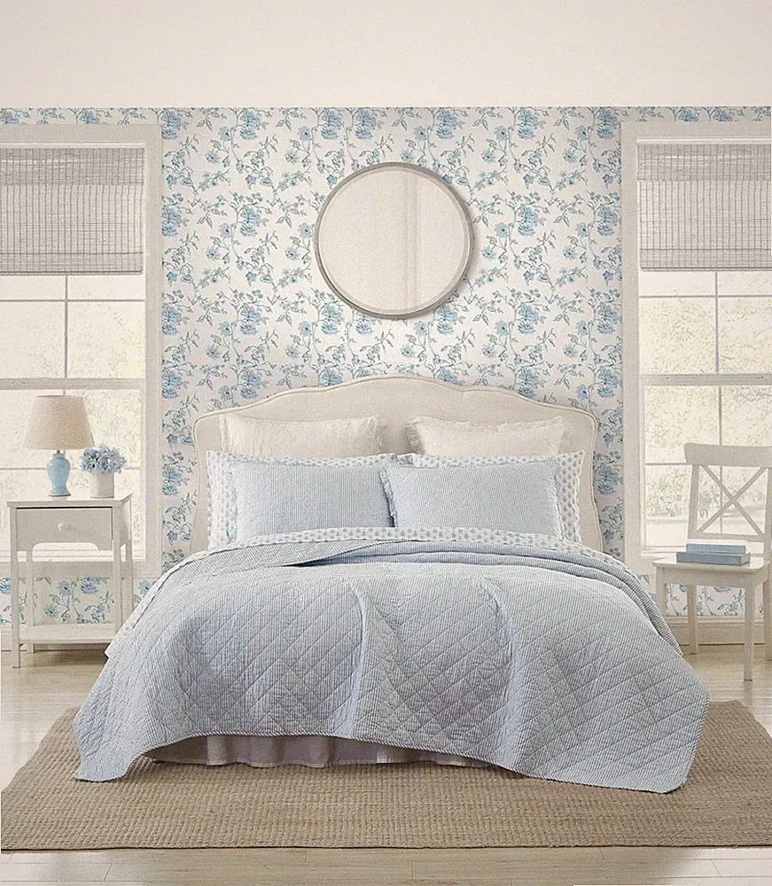Laura Ashley Oxford Stripe Cotton Blue & White 2 Piece Twin Quilt Set Cp. @ $55