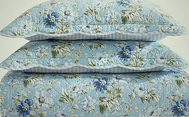 Laura Ashley Peony Garden Blue Floral Cotton Full/Queen Quilt Set 3pc