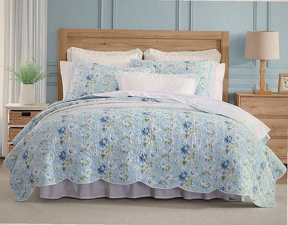 Laura Ashley Peony Garden Blue Floral Cotton Reversible Full/Queen Quilt Set