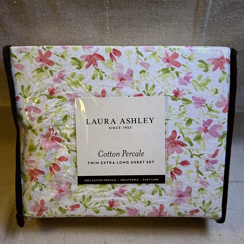 Laura Ashley Percale Twin XL 3 Pc Sheet Set Norela 100% Cotton Pink Green Floral