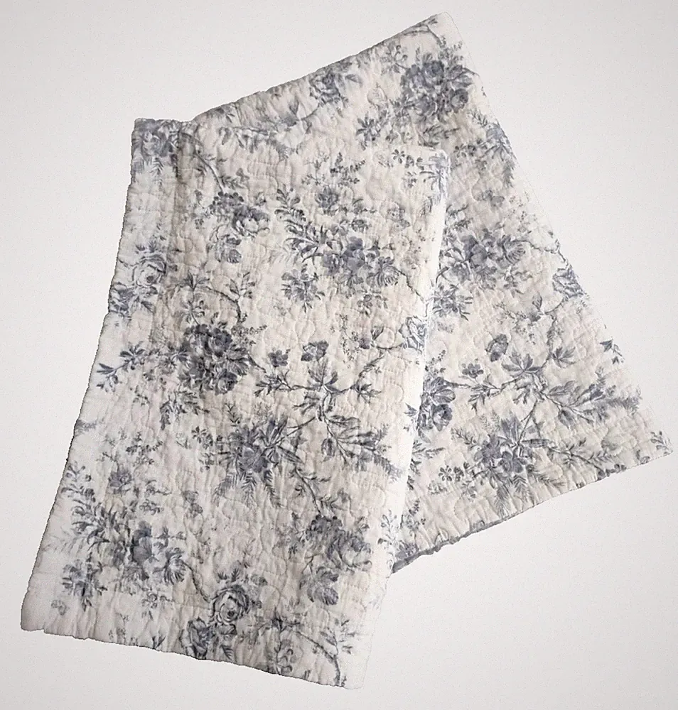 Laura Ashley Pillow Shams Quilted Blue Floral Toile King size 24" x 38" 2 pc set