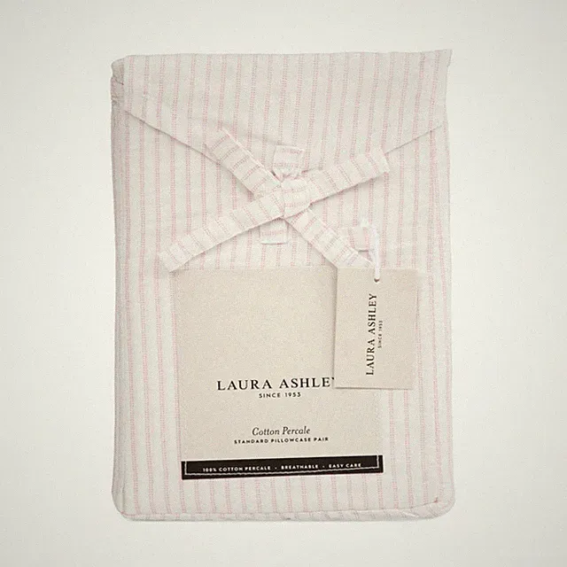 Laura Ashley PINK Stripe Cotton Percale Standard Pillowcase Pair & Matching Case