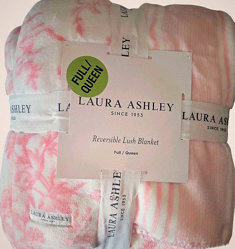Laura Ashley, Pink & White Floral, Stripes, Reversible FULL/QUEEN Lush Blanket