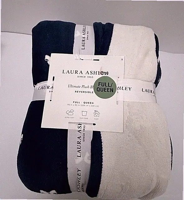 LAURA ASHLEY REVERSIBLE Navy Blue White Bow FULL/QUEEN Plush Blanket 90” x 90”