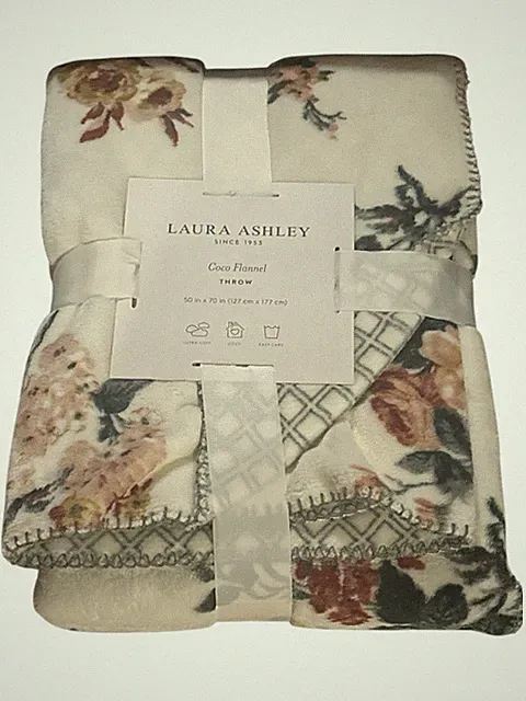 Laura Ashley- Rosemore Tan Floral Reversible Coco Flannel Throw Blanket NEW