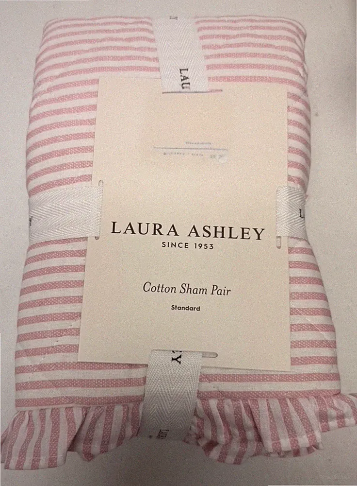 Laura Ashley Ruffled Pink Oxford Stripe Quilted Standard Pillow 2 Shams Chic