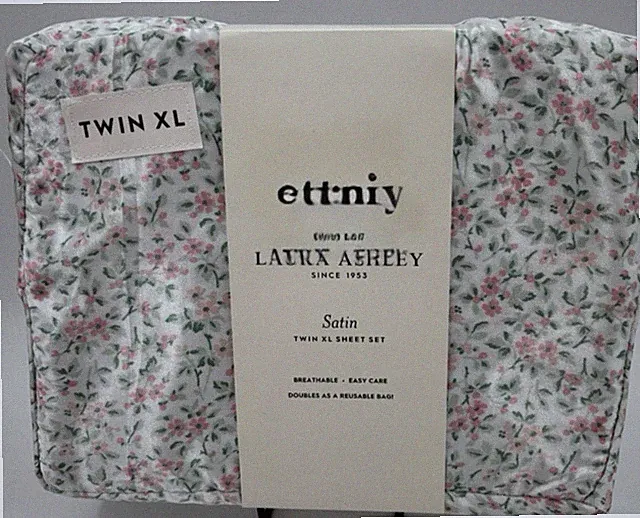 Laura Ashley Satin Sheet Set XL Twin Pink Green Floral Tierney cottage country