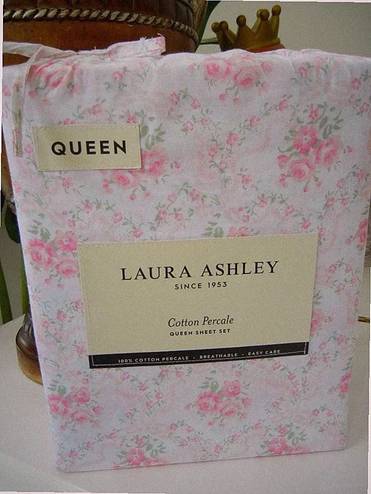 LAURA ASHLEY SHABBY CHIC PINK ENGLISH FLORAL BOUQUET 4 PC QUEEN SHEET SET $130