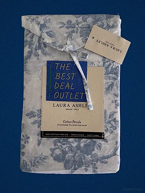 Laura Ashley Standard Queen Pillowcases 2 Pc 100% Cotton Percale Blue Flowers