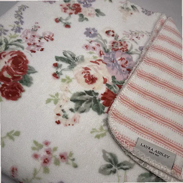 Laura Ashley Super Soft Plush Throw Blanket PINK Floral Stripe 50x70 Reversible
