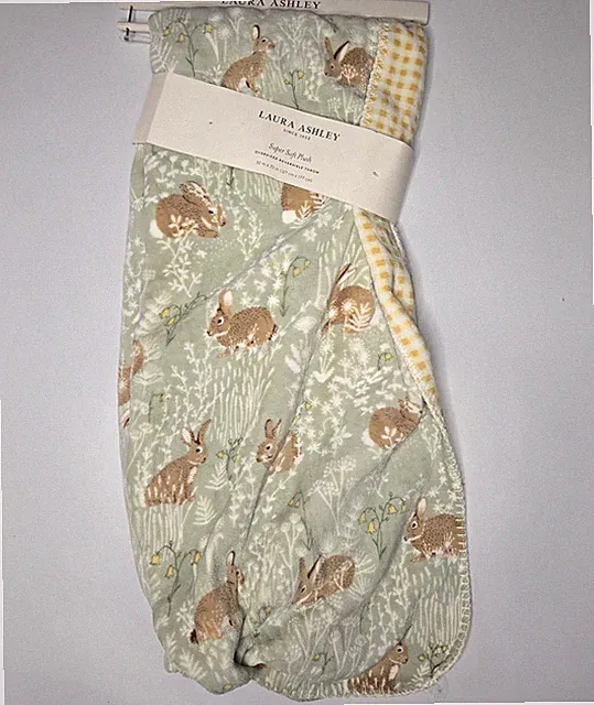 Laura Ashley Throw Blanket Meadow Bunny Rabbit Sage Reversible Oversized 50x70