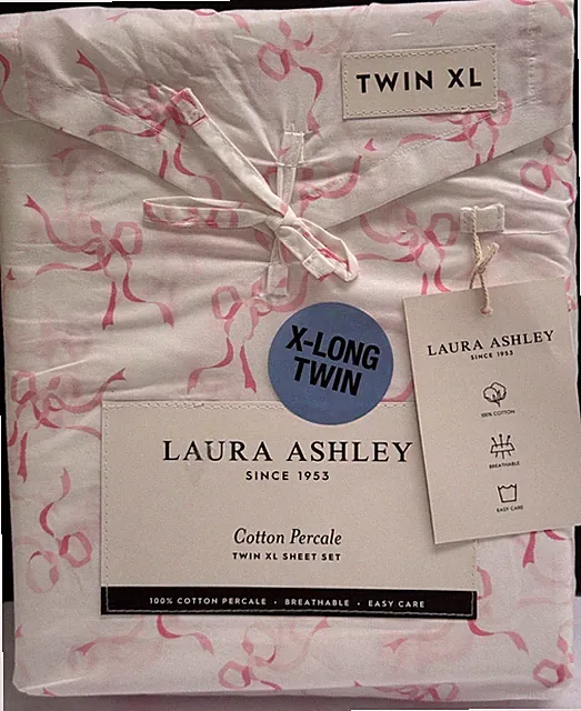 Laura Ashley Trailing Ribbon Bows PINK Twin XL 3 pc Sheet Set Cotton Percale