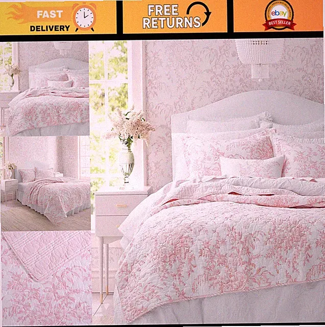 Laura Ashley Twin Reversible Cotton Floral Quilt Set Bedford Pink 2 Piece