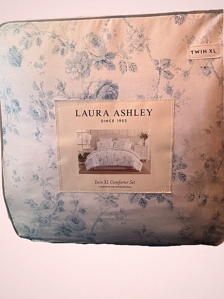 Laura Ashley Twin XL Comforter Set Blue White Floral with Standard Sham