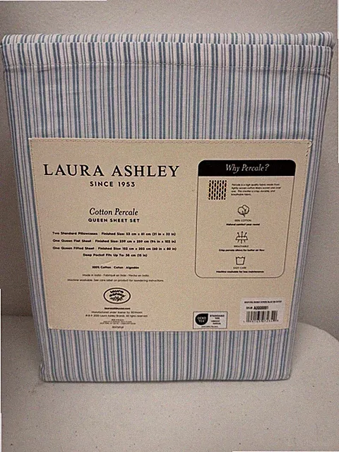 NEW 4pc Laura Ashley Queen Sheet Set BEDFORD SKINNY STRIPE Blue & White