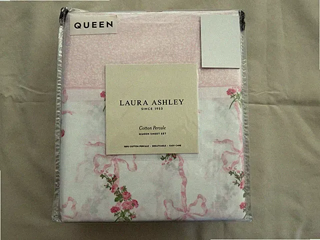 NEW 4pc Laura Ashley Queen Sheet Set Cottage FLORAL RIBBON with PINK FLORAL HEM