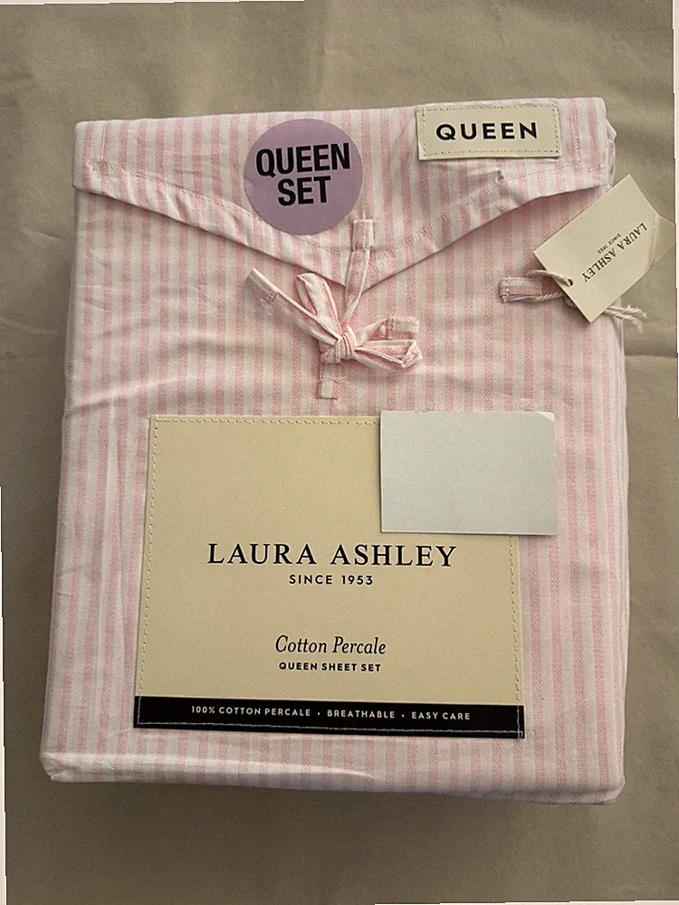 NEW 4pc Laura Ashley Queen Sheet Set OXFORD STRIPE Pink & White