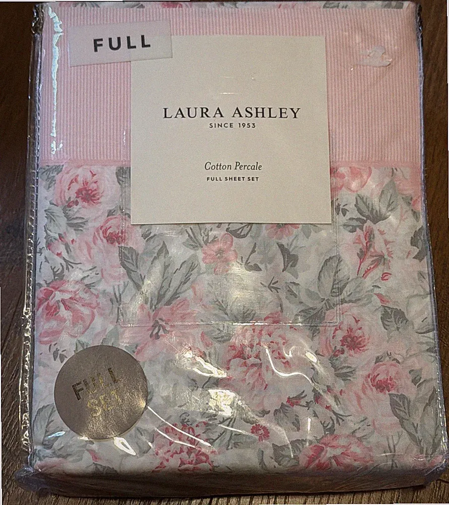 NEW Laura Ashley Full Size AVELINE PINK FLORAL Sheet Set - 100% Cotton Percale