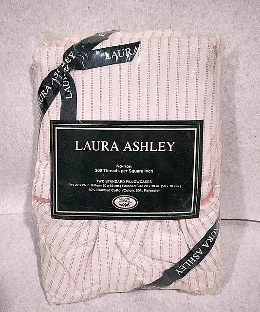 New Vintage Laura Ashley Set of 2 Ticking Stripe Pillowcases Ruffled Edge Pink